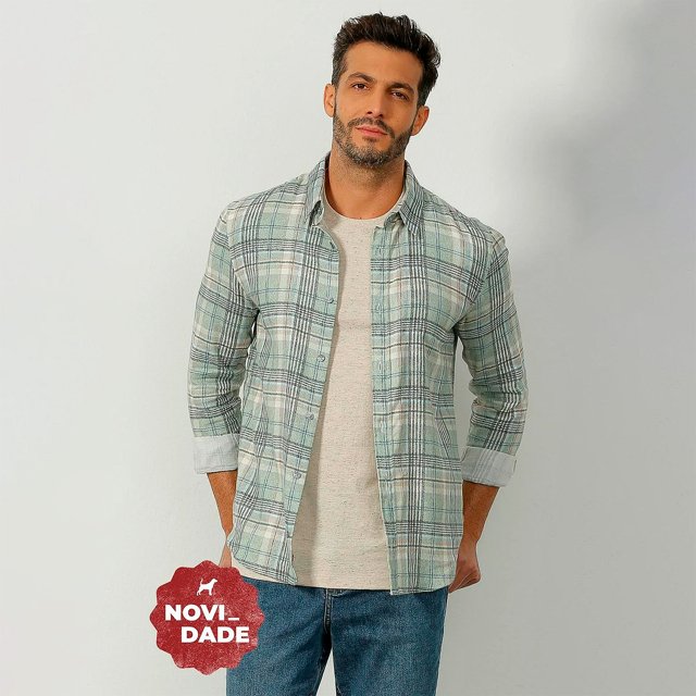 Camisa Beagle Masculina Manga Longa Slim Flanela Xadrez Off White