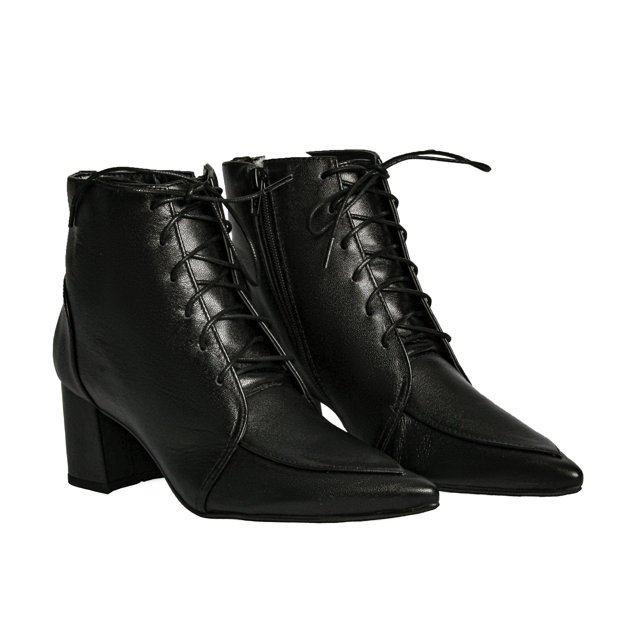 Bota Preta Cano Curto Feminina Com Cadarço Bota Bico Fino Bota De