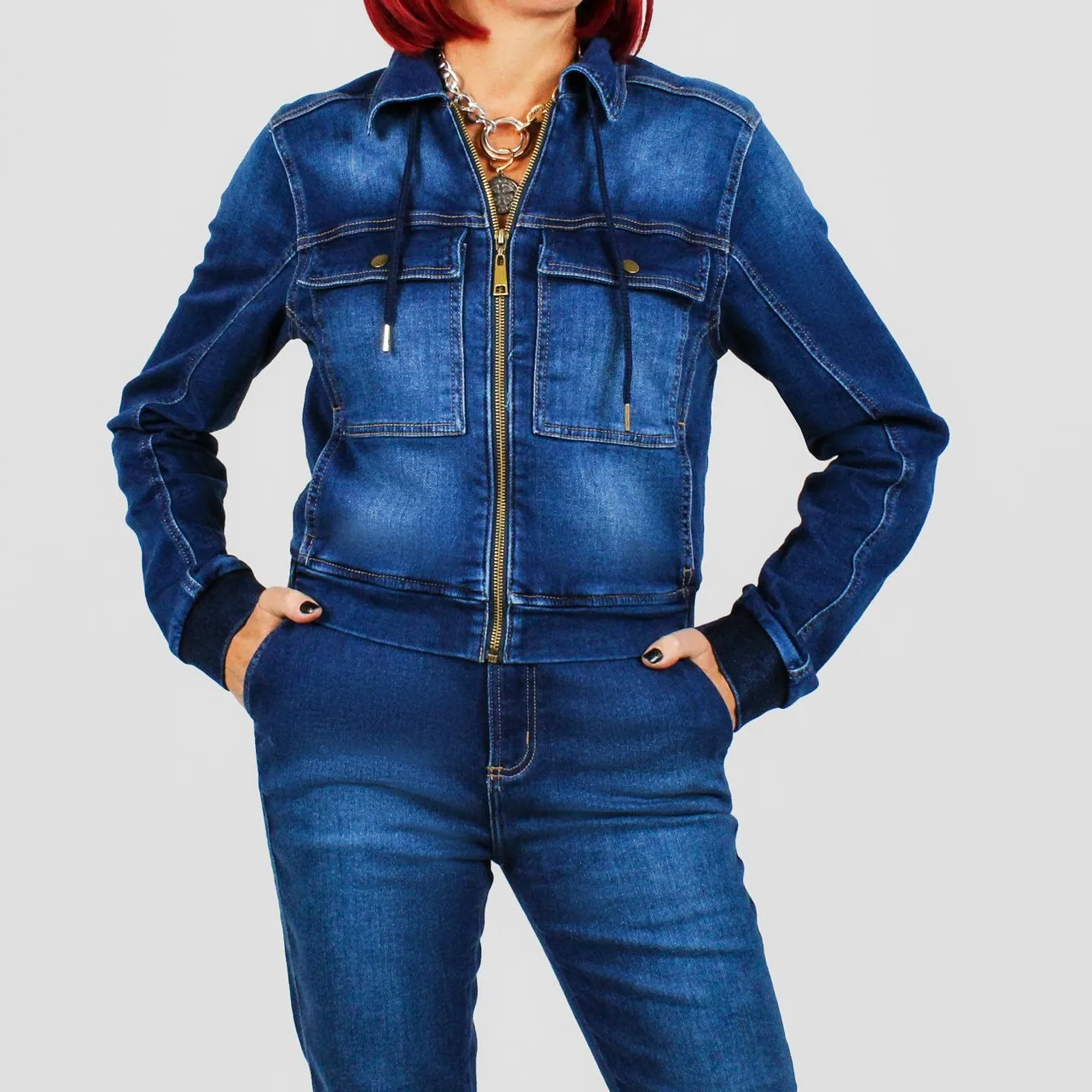 Jaqueta jeans feminina com clearance ziper