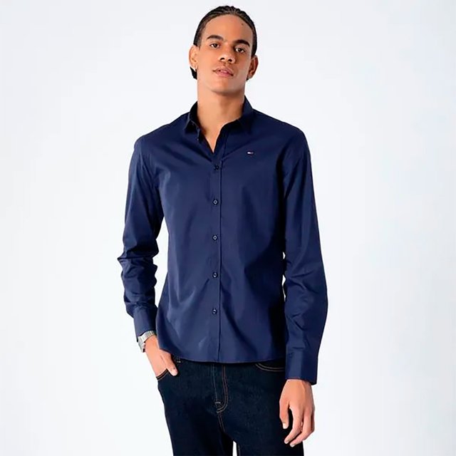 Camisa Tommy Jeans Manga Longa Slim Fit Básica Marinho