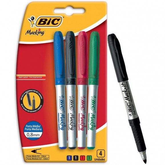 MARCADOR PERMANENTE BIC MARKING COLOR COM 4 UNIDADES | Atacadão Mec