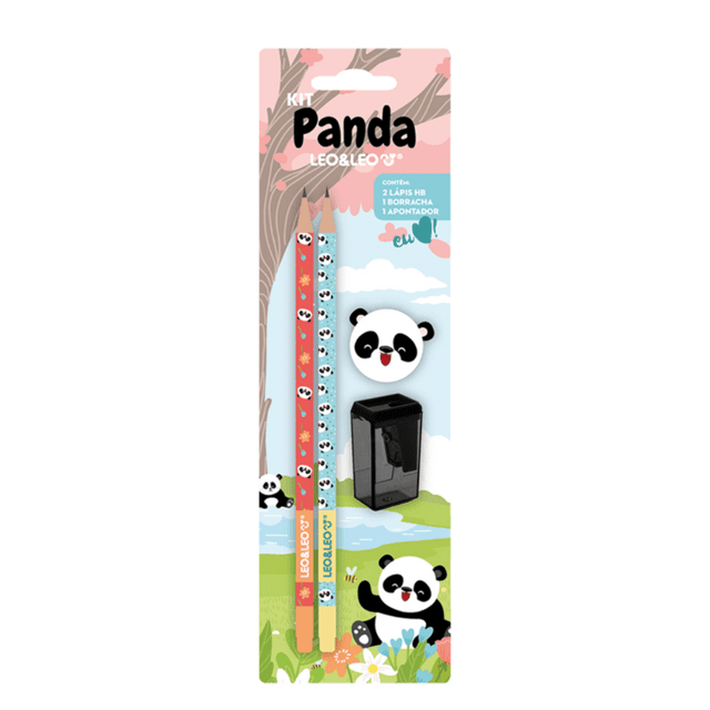 Kit Lápis HB Panda Blister (2 Lápis| 1 Apontador | 1 Borracha) Leo & Leo