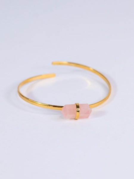 Bracelete Slim Detalhes Pedra Natural Quartzo Rosa Banho Ouro 18K