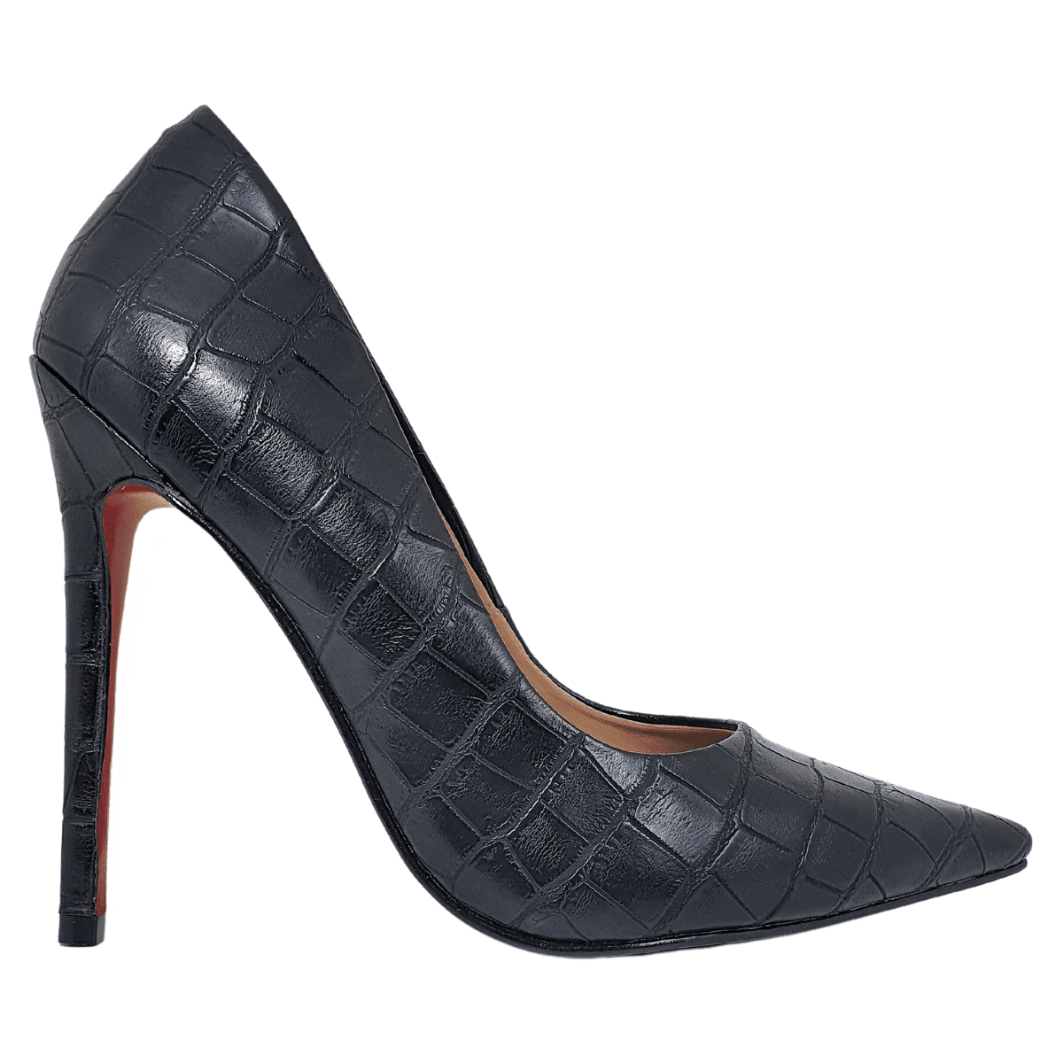 Scarpin Preto Croco Fosco Salto Alto 12 Cm Sola Vermelha Andressa