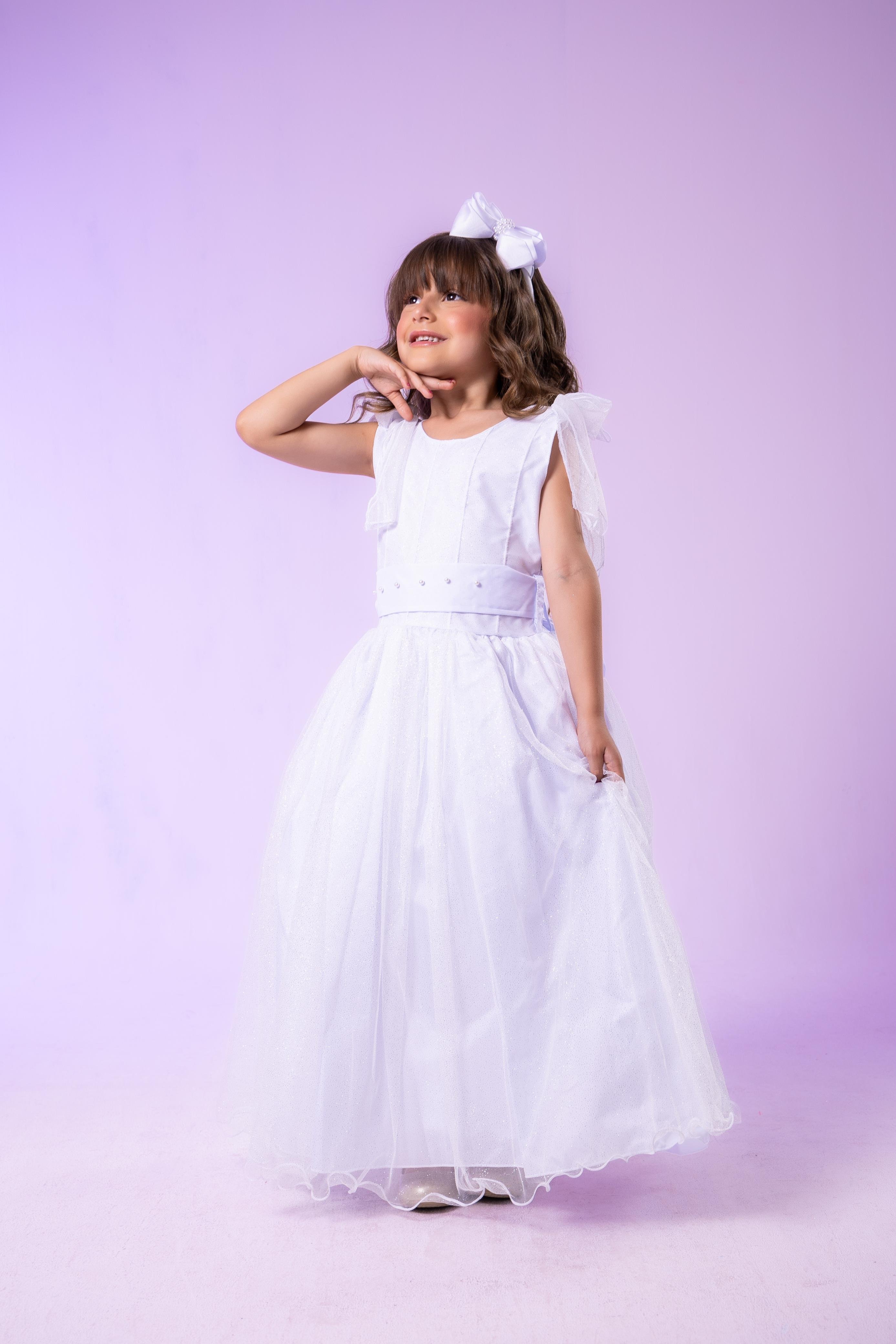 Vestido Infantil Branco Longo para Batizado, Formatura, Daminha
