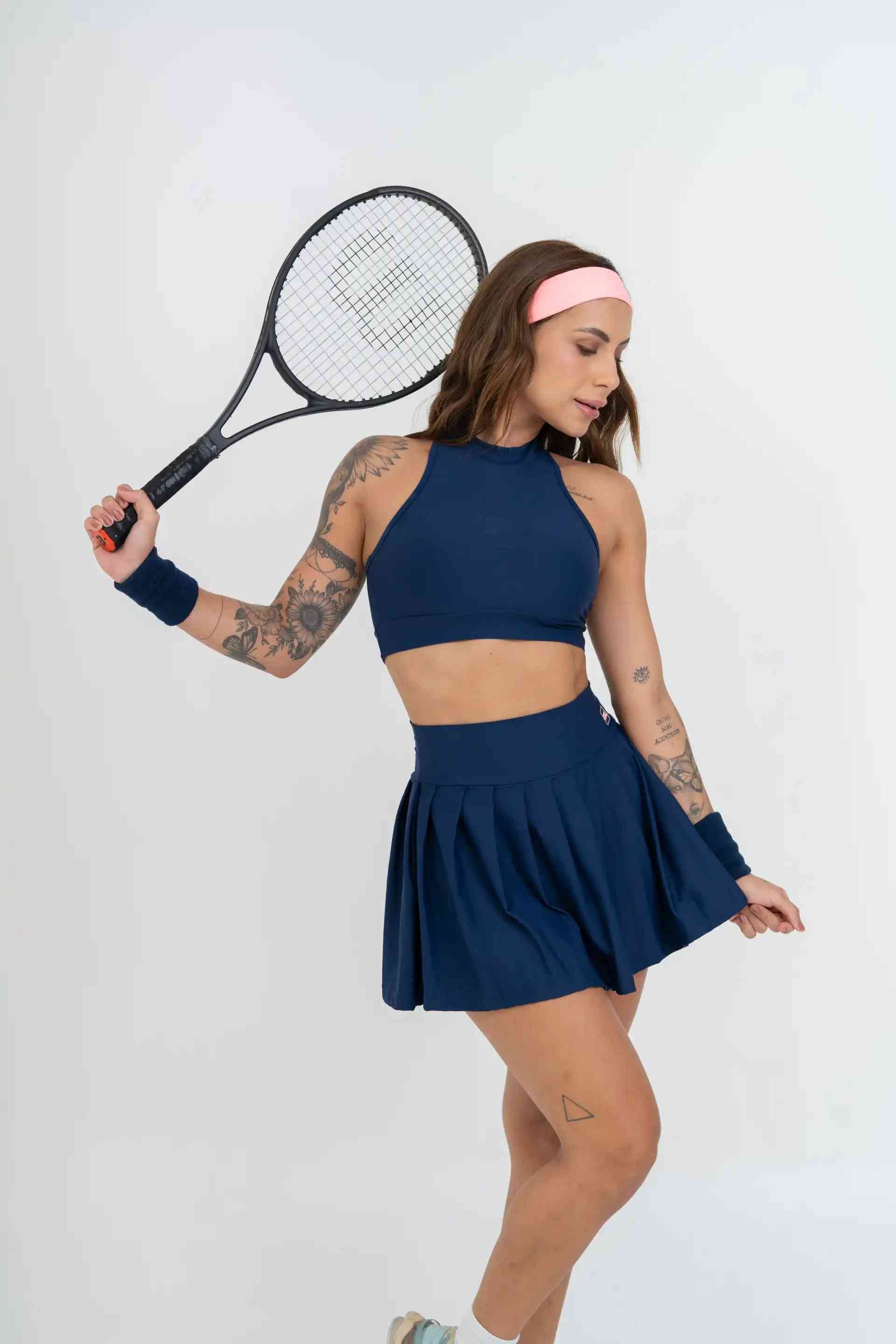 Short Saia Fitness Plissada Azul Marinho