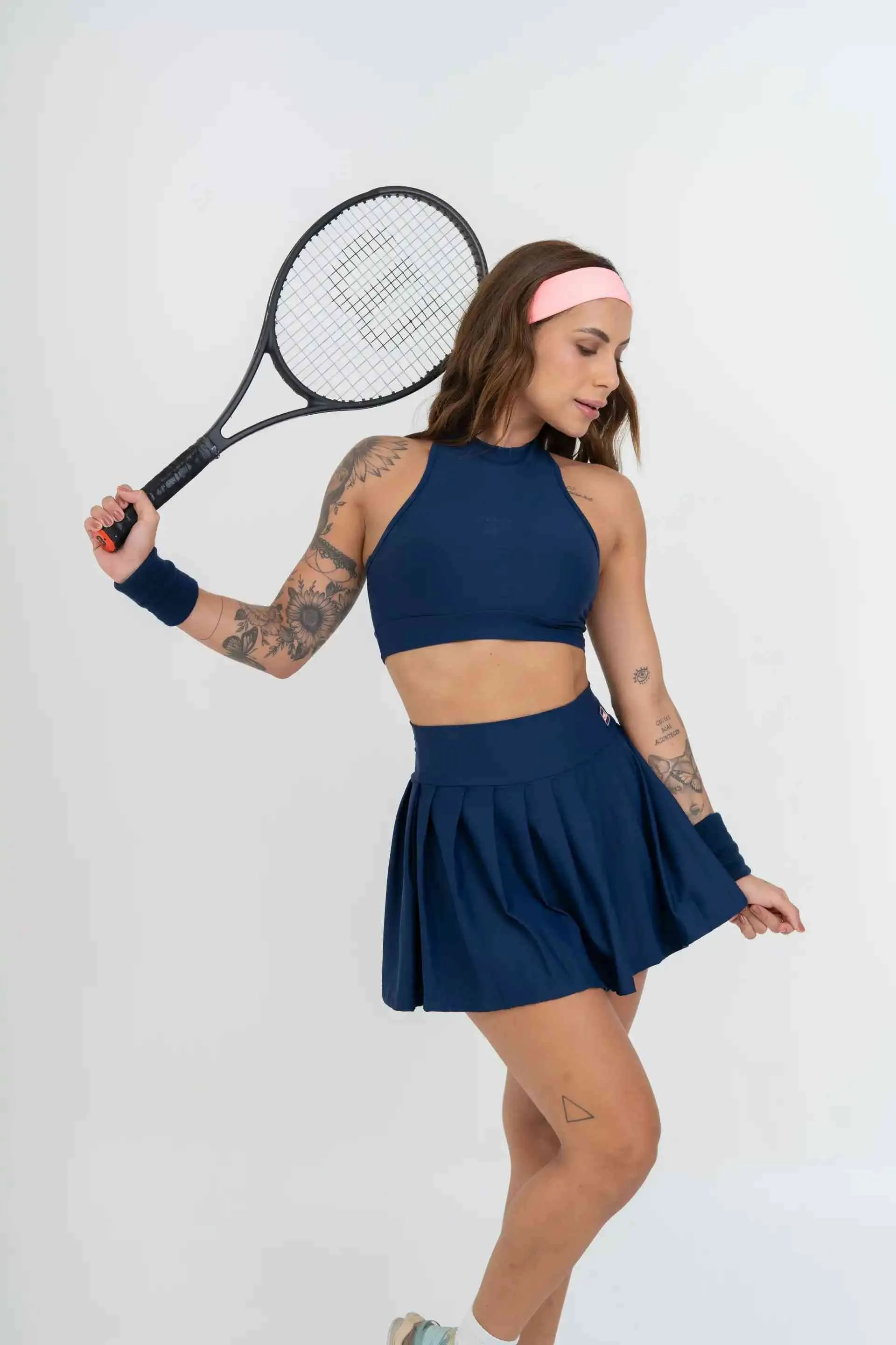 Short Saia Fitness Plissada Azul Marinho