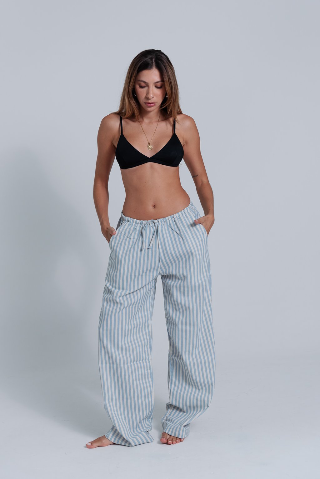 Calça Elástico Listrada Azul Cali Store