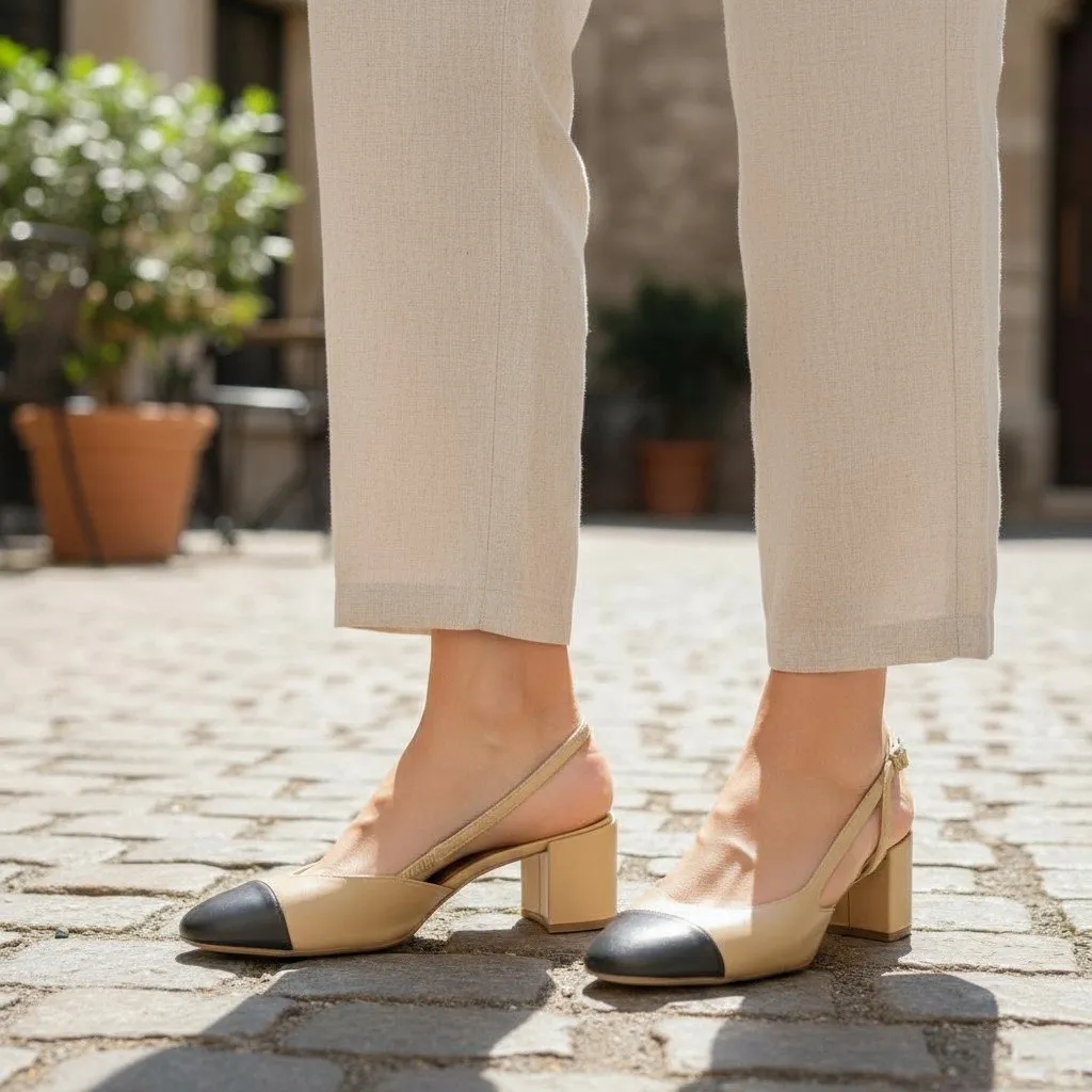 scarpin bicolor tipo chanel em couro, natural e preto, chanel