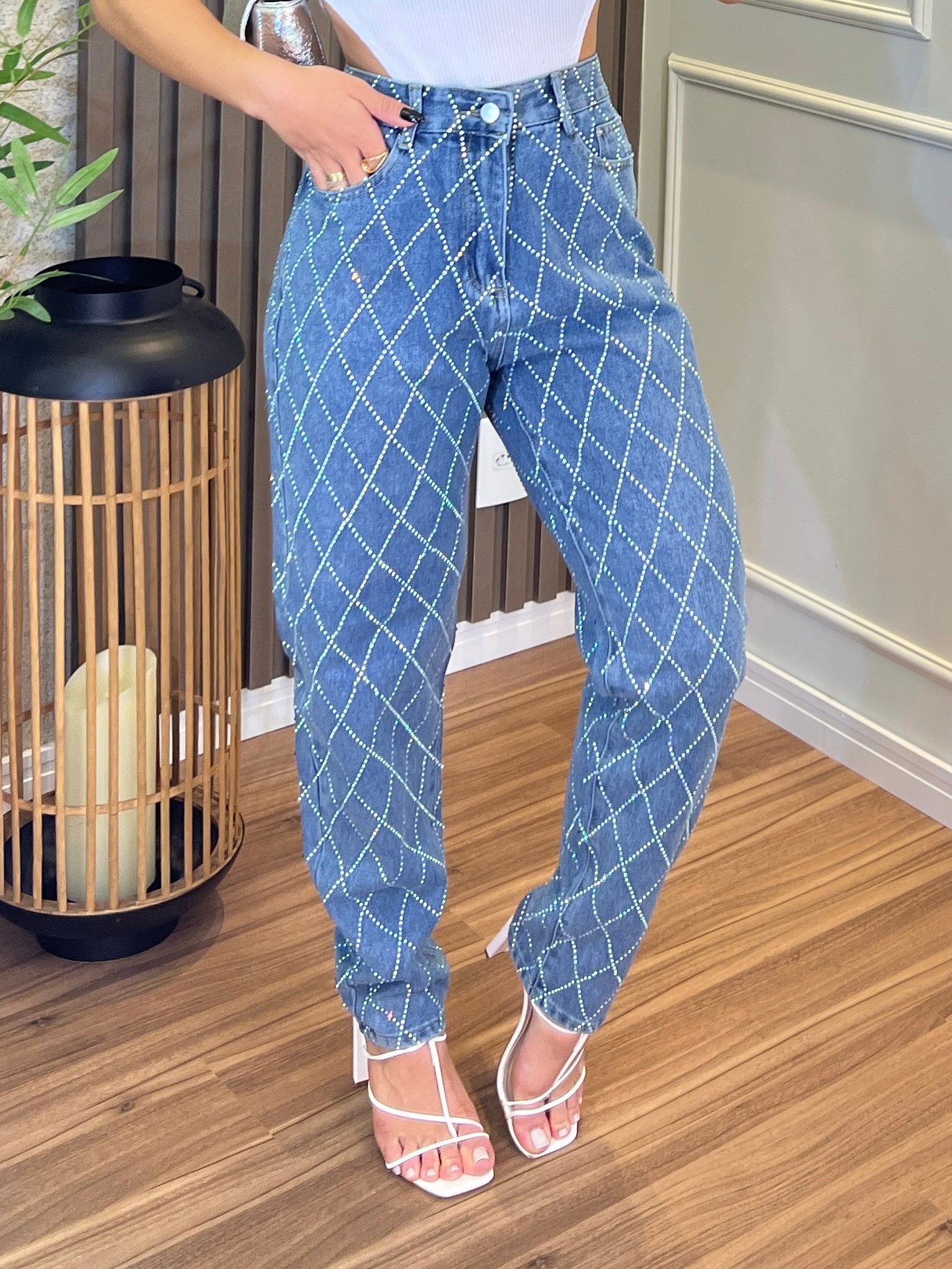 Calça jeans online xadrez feminina