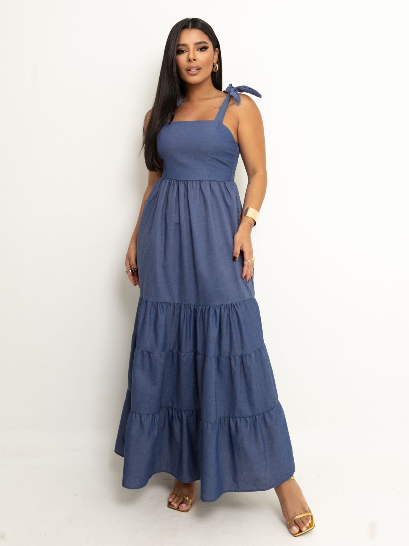 Vestido Longo Três Marias com Alça de Amarrar Woman Village Fashion