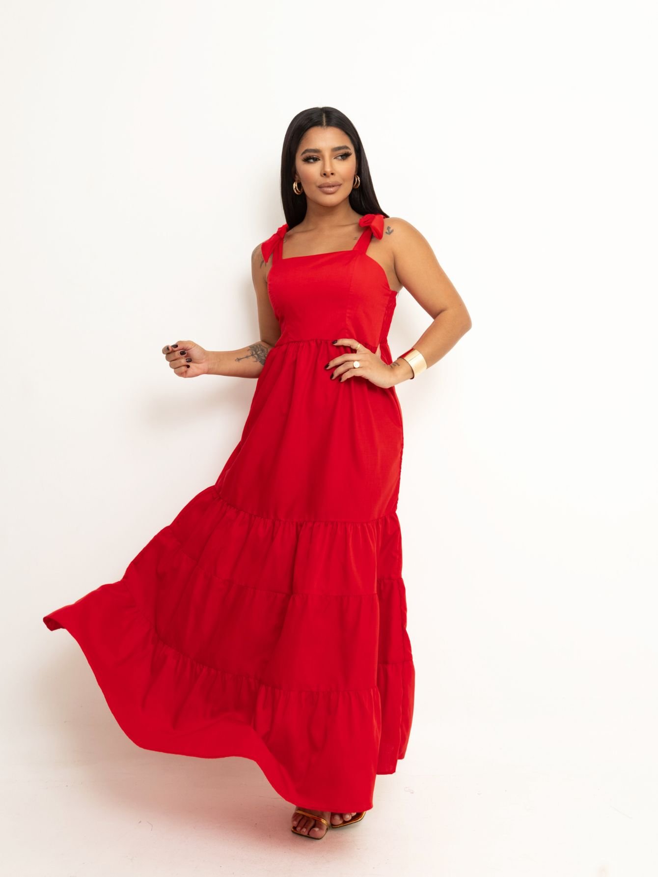 Vestido Longo Três Marias com Alça de Amarrar Woman Village Fashion