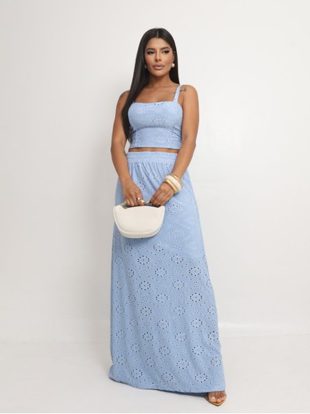 Conjunto Malha Laise Verão Kit Cropped e Saia Longa Woman