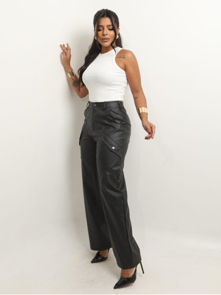 Calça Cargo Couro Pu Com Bolsos Woman Village Fashion