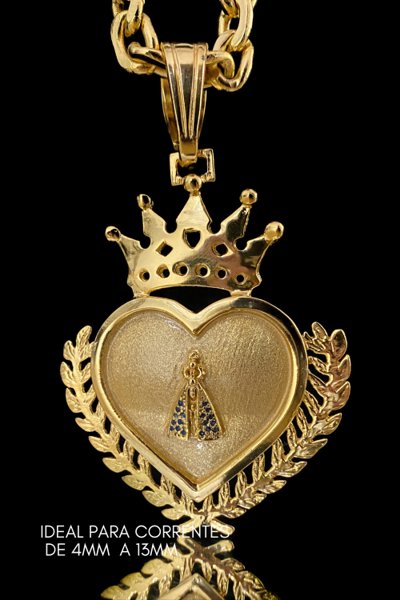 Pingente Nossa Senhora Aparecida Coração Com Coroa 5x6cm 22g Banhado A Ouro 18k