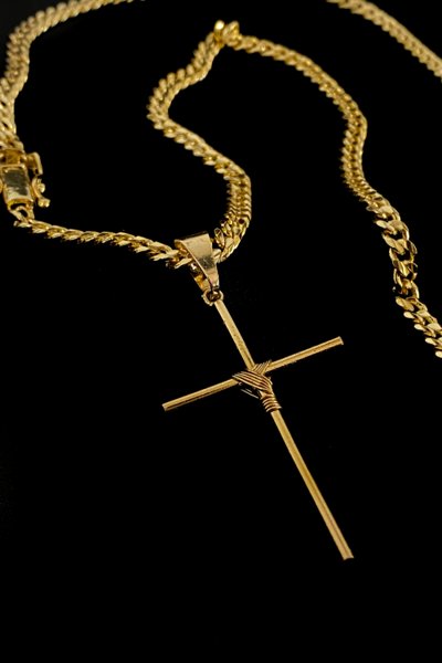 Kit Corrente Grumet 5mm 70cm Fecho Duplo Com Crucifixo Palito GG Banhados A Ouro 18k