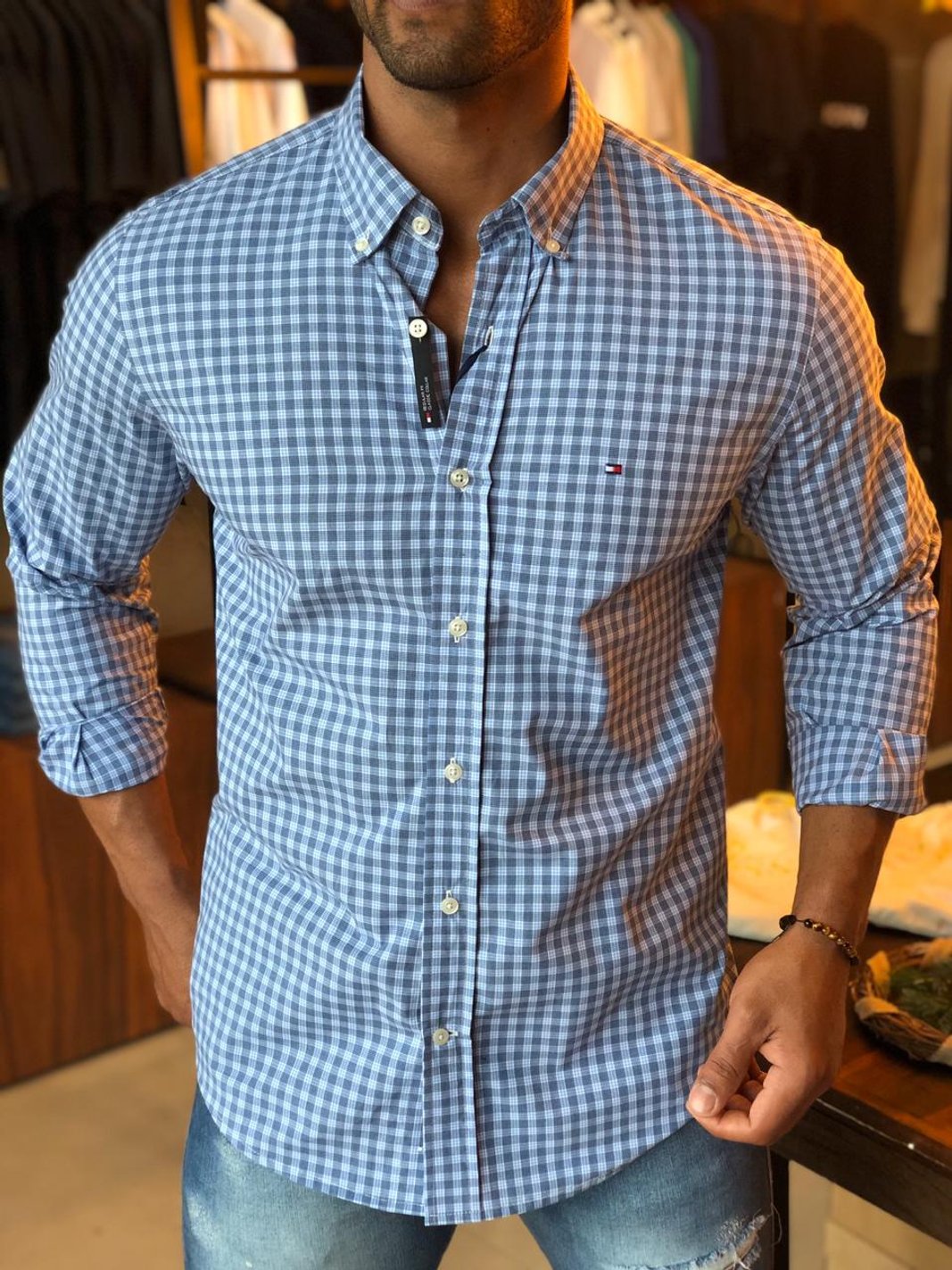 Camisa Tommy Hilfiger Masculina Regular Fit Xadrez Azul