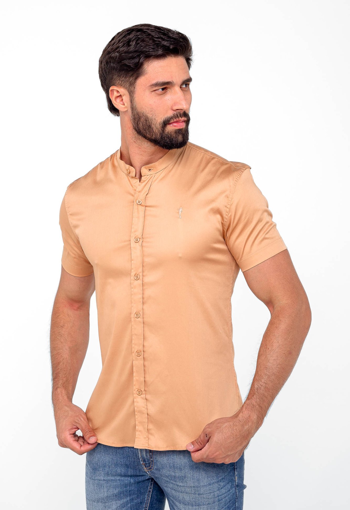 Camisa Zip Off mc Slim Fit Gola Padre Ocre com Elastano