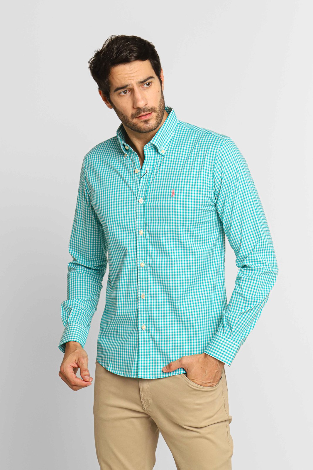 Camisa Ralph Lauren ml Slim Fit Xadrez Verde Turquesa Poney Rosa