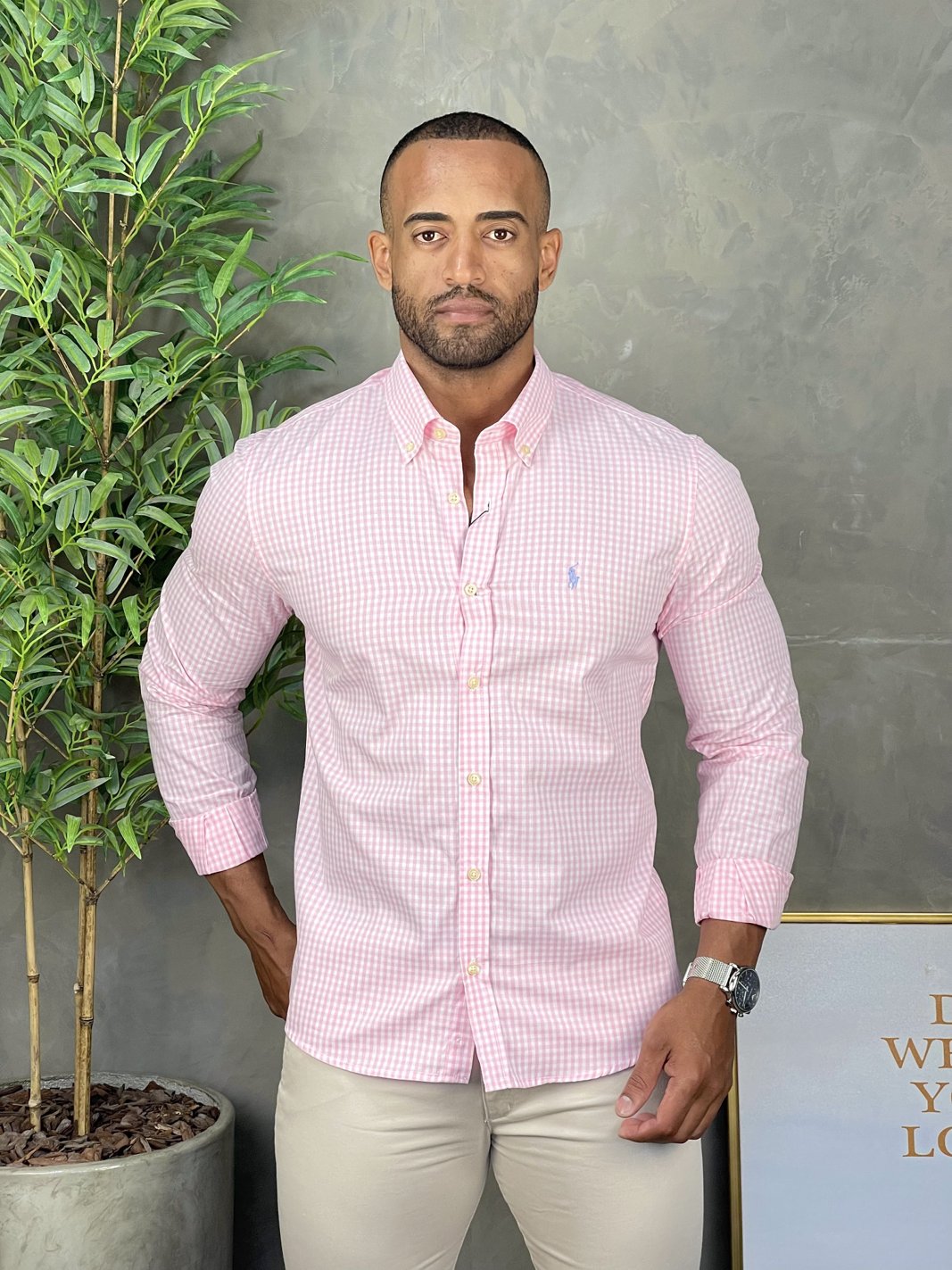 Camisa Ralph Lauren Ml Custom Fit Xadrez Rosa Claro Ponei Lil s