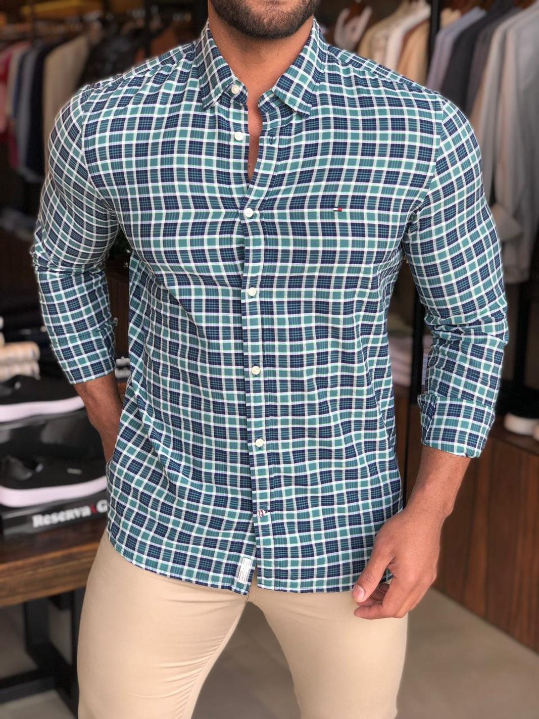 Camisa Tommy Hilfiger Ml Slim Fit Xadrez Verde