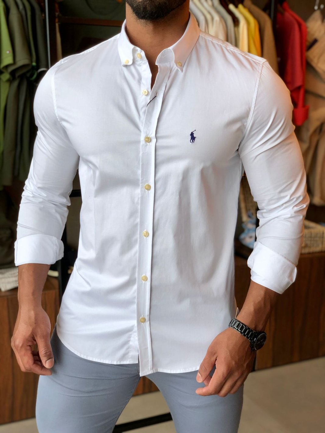 Camisa Ralph Lauren Branco Lisa Custom Fit Poney Marinho