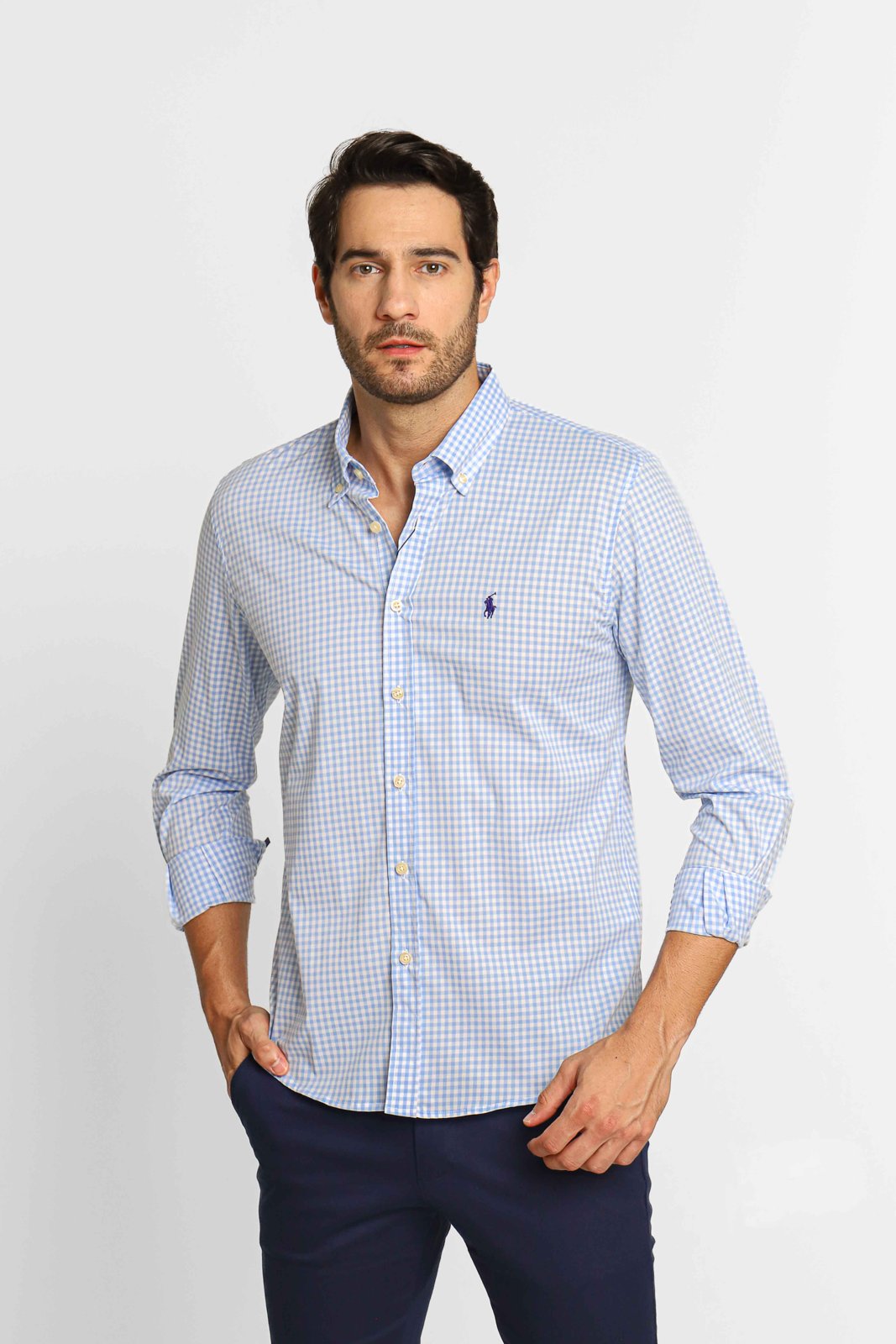 Camisa Ralph Lauren ml Slim Fit Xadrez Azul Claro Poney Marinho Henri Store