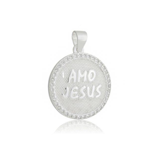 Pingente de Prata Branca 925 Amo Jesus Placa Redonda Zircônia