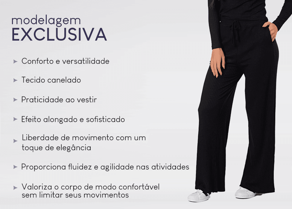 Calça Wide Leg Pantalona Canelada Lisa (Preta) – Monnieri
