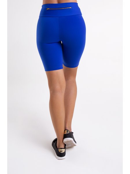 Bermuda Fitness Feminina Azul Bic com Bolso de Zíper Dourado