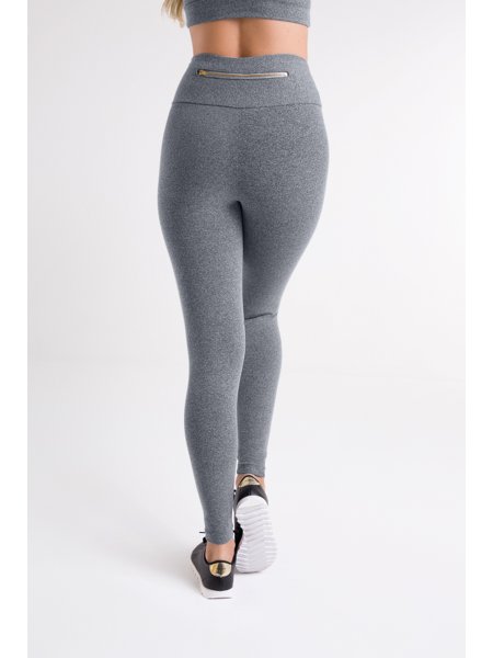 Calça Legging Cinza Mescla Claro com Bolso de Zíper Dourado