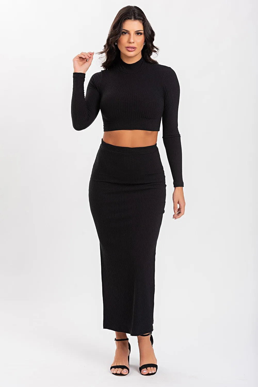 SAIA MIDI FEMININA CANELADA LISA PRETA Monnieri Fit Wear
