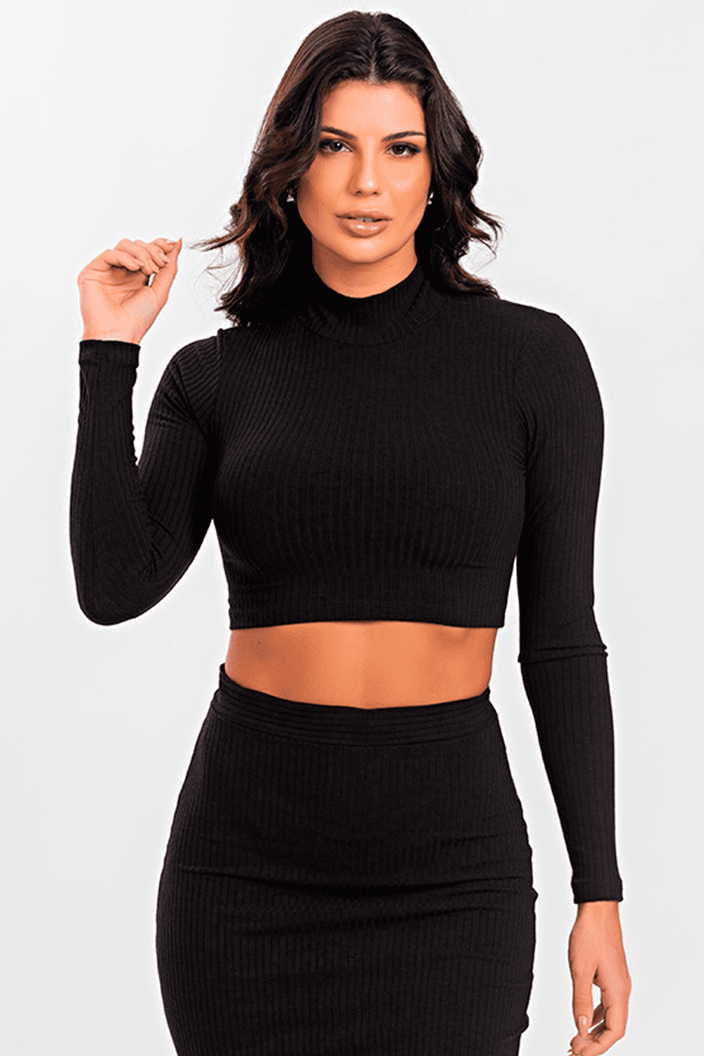 CROPPED FEMININO GOLA ALTA MANGA LONGA CANELADO LISO PRETO