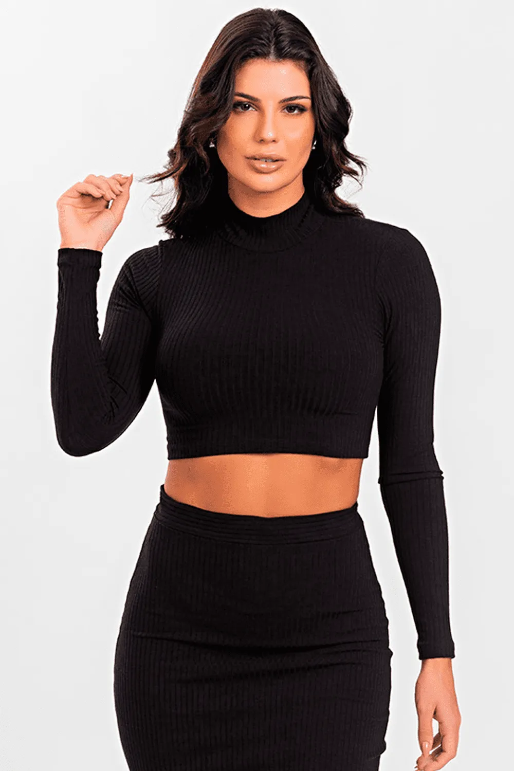 CROPPED FEMININO GOLA ALTA MANGA LONGA CANELADO LISO PRETO
