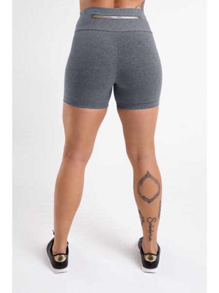 Short Academia Fitness Cinza Mescla Claro com Bolso de Zíper Dourado