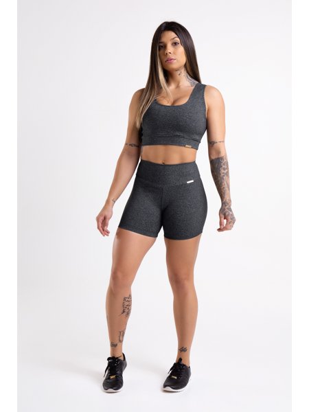 Short Academia Fitness Cinza Mescla Escuro com Bolso de Zíper Dourado