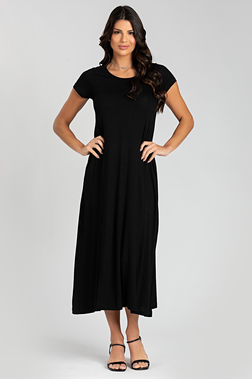 Vestido Longo Com Manga Preto Monnieri Fit Wear