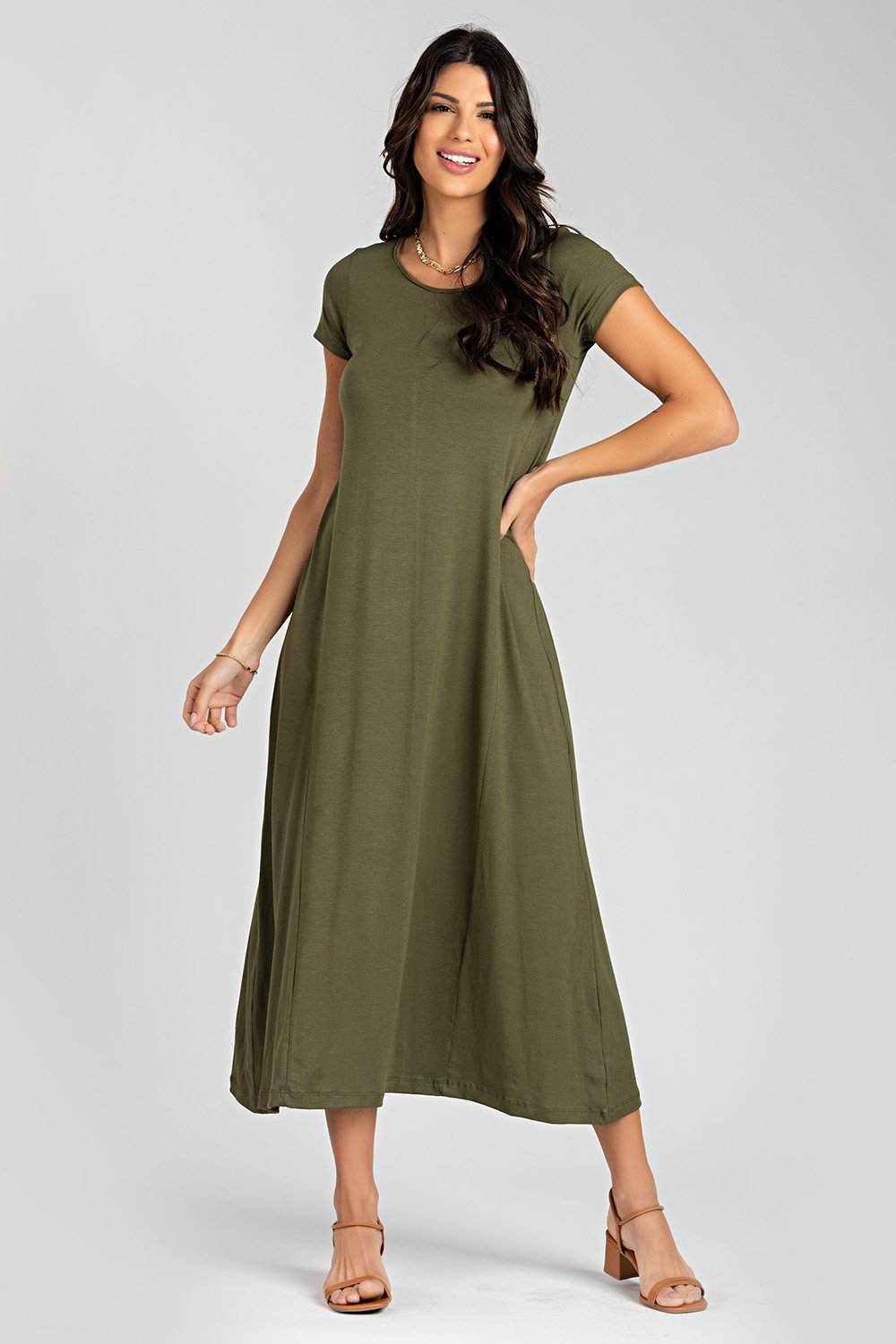 Vestido Longo Com Manga Verde Militar Monnieri Fit Wear