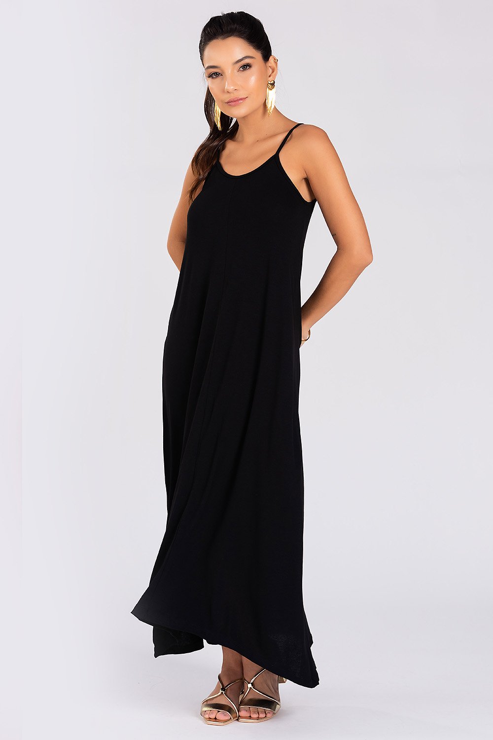 Vestido Longo Regata Alcinha Preto Monnieri Fit Wear