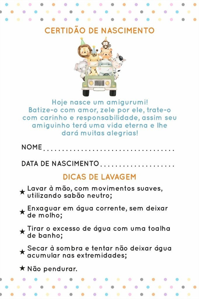 Certidão De Nascimento Amigurumi - PRONTA ENTREGA | Lurrie Etiquetas