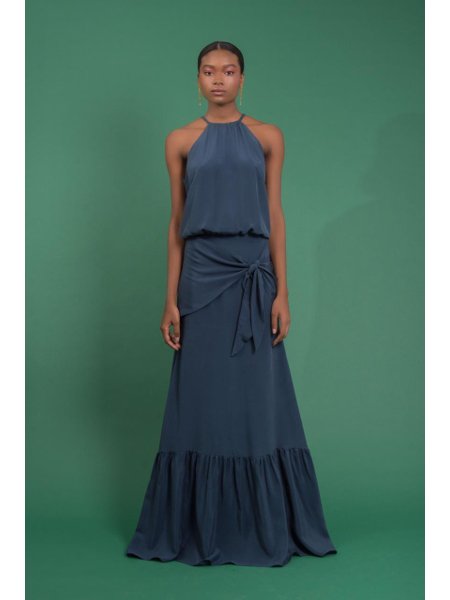 vestido longo azul petróleo