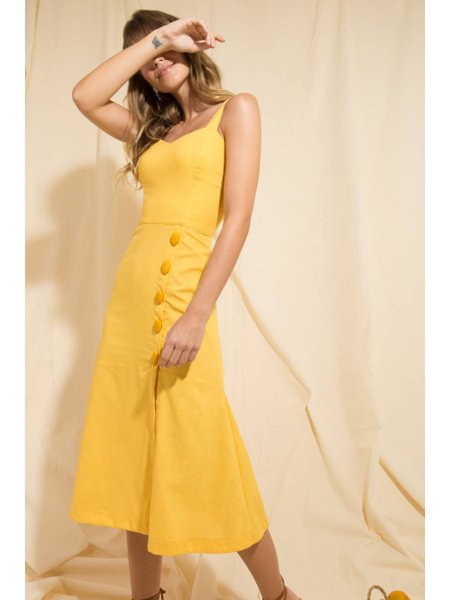 vestido de linho midi amarelo