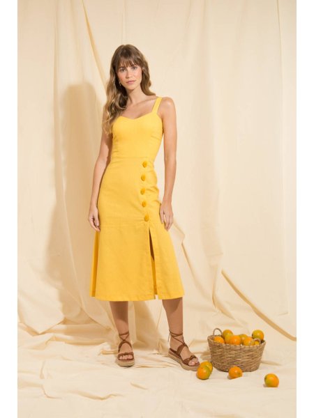 vestido de linho midi amarelo