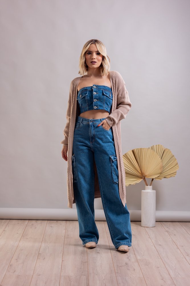 Cropped Jeans Feminino Tomara que Caia com Botões