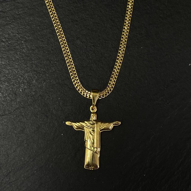 Corrente Lacraia 3mm + Pingente Cristo Redentor - Banhado a Ouro 18k