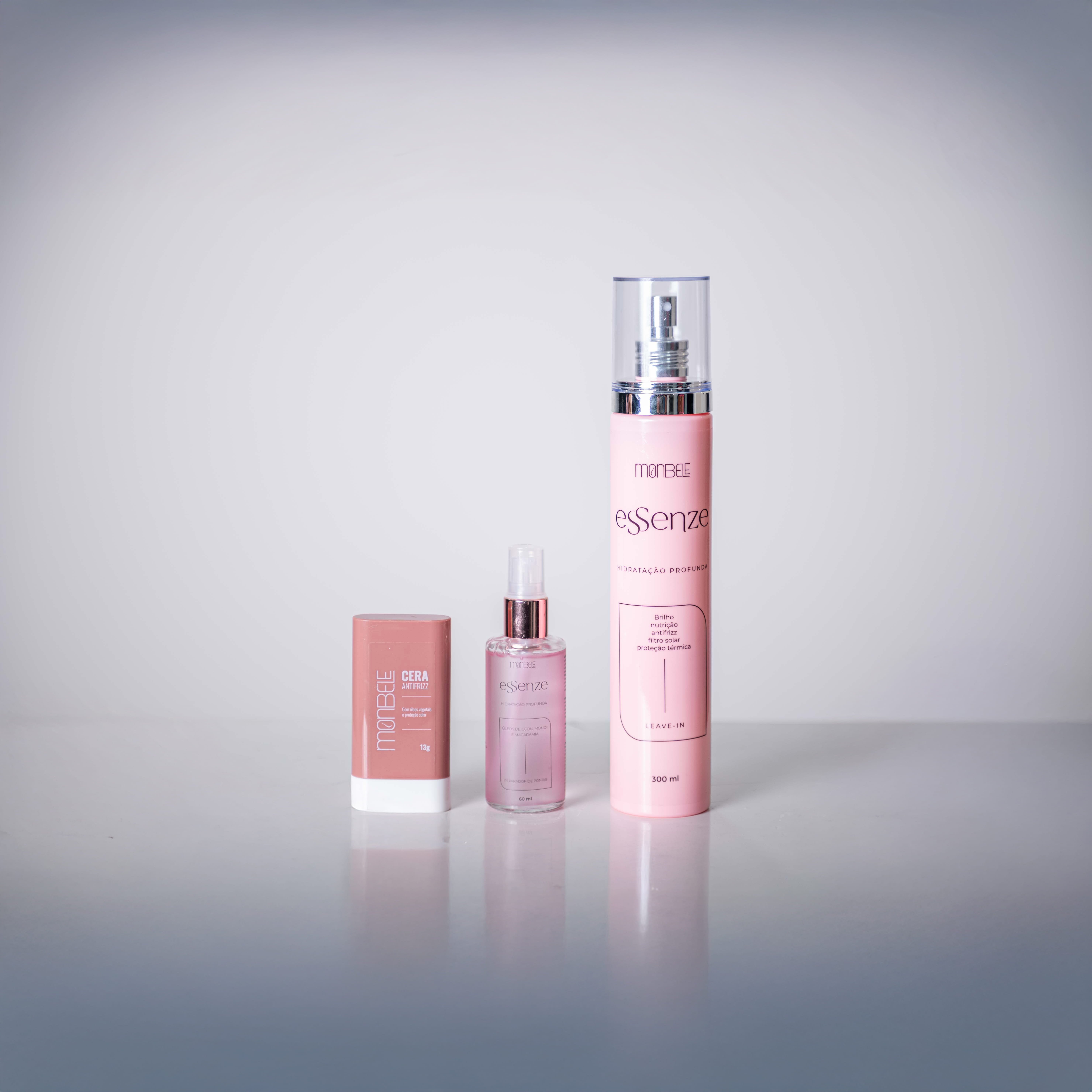 Cera Antifrizz + Óleo Reparador Essenze + Leave-in Essenze | Monbele