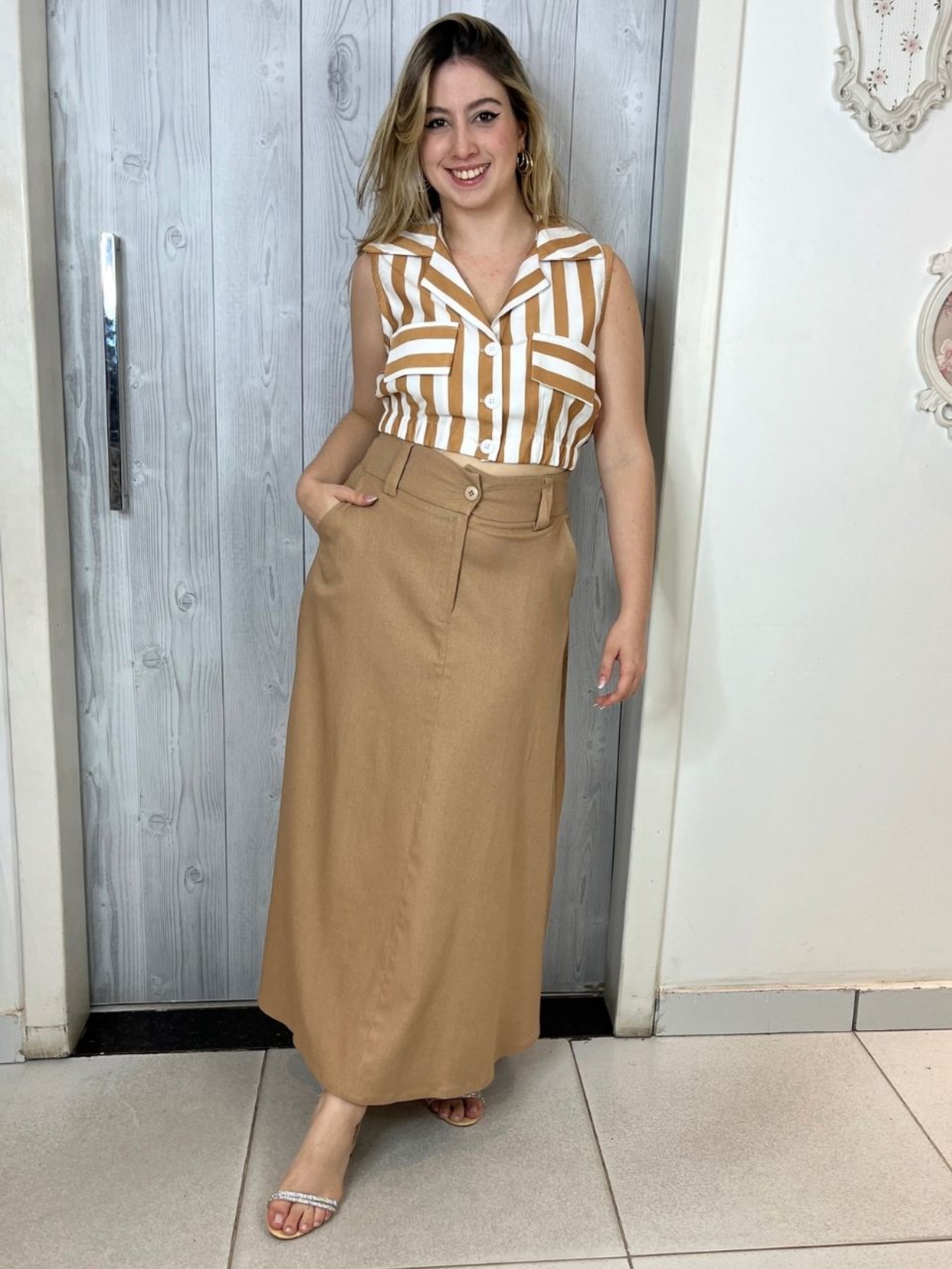 Conjunto Saia Evasê Saia De Linho Midi Listrada Saia Evasê Vestido