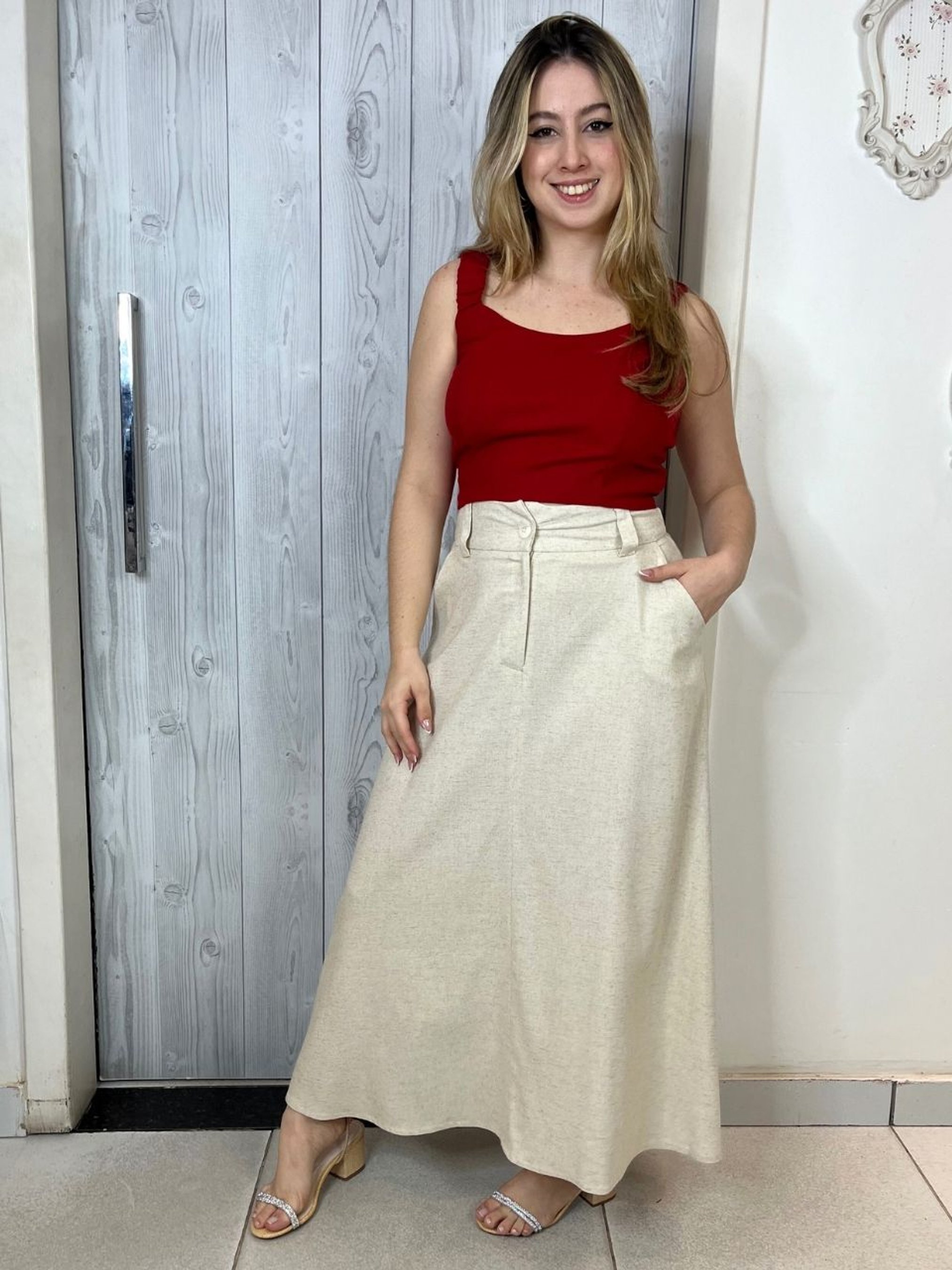 Saia De Linho Cru Saia Mídi Evasê Linho Look Belle