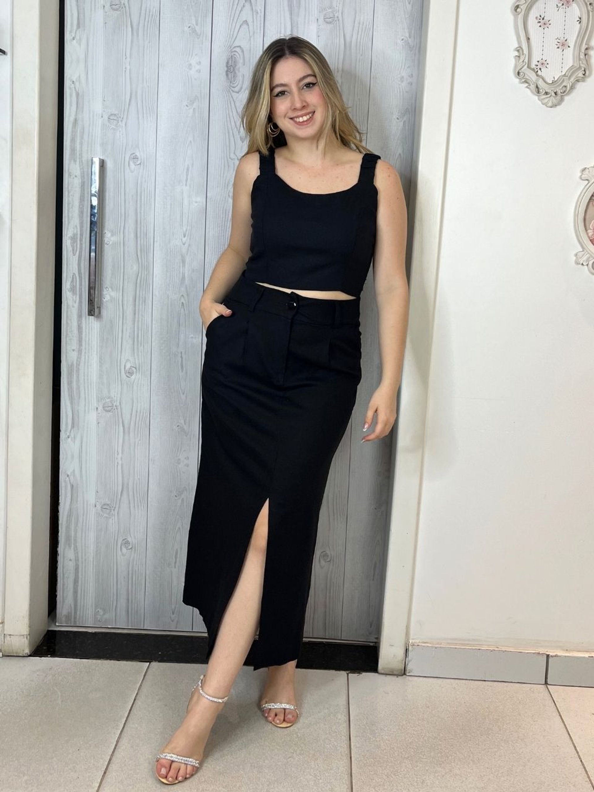 Top saia linho preta Outlet Black Friday