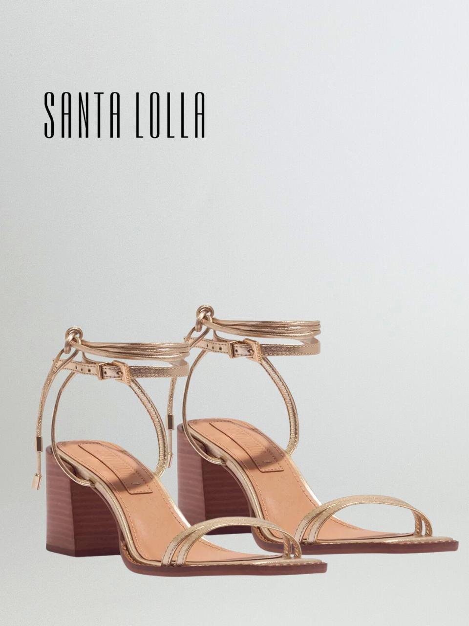 Sandália Couro Metalizado Salto Bloco Amarração Look Belle